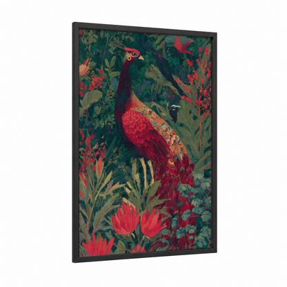 Crimson Phoenix Garden framed art print — black wood frame — red and dark green palette