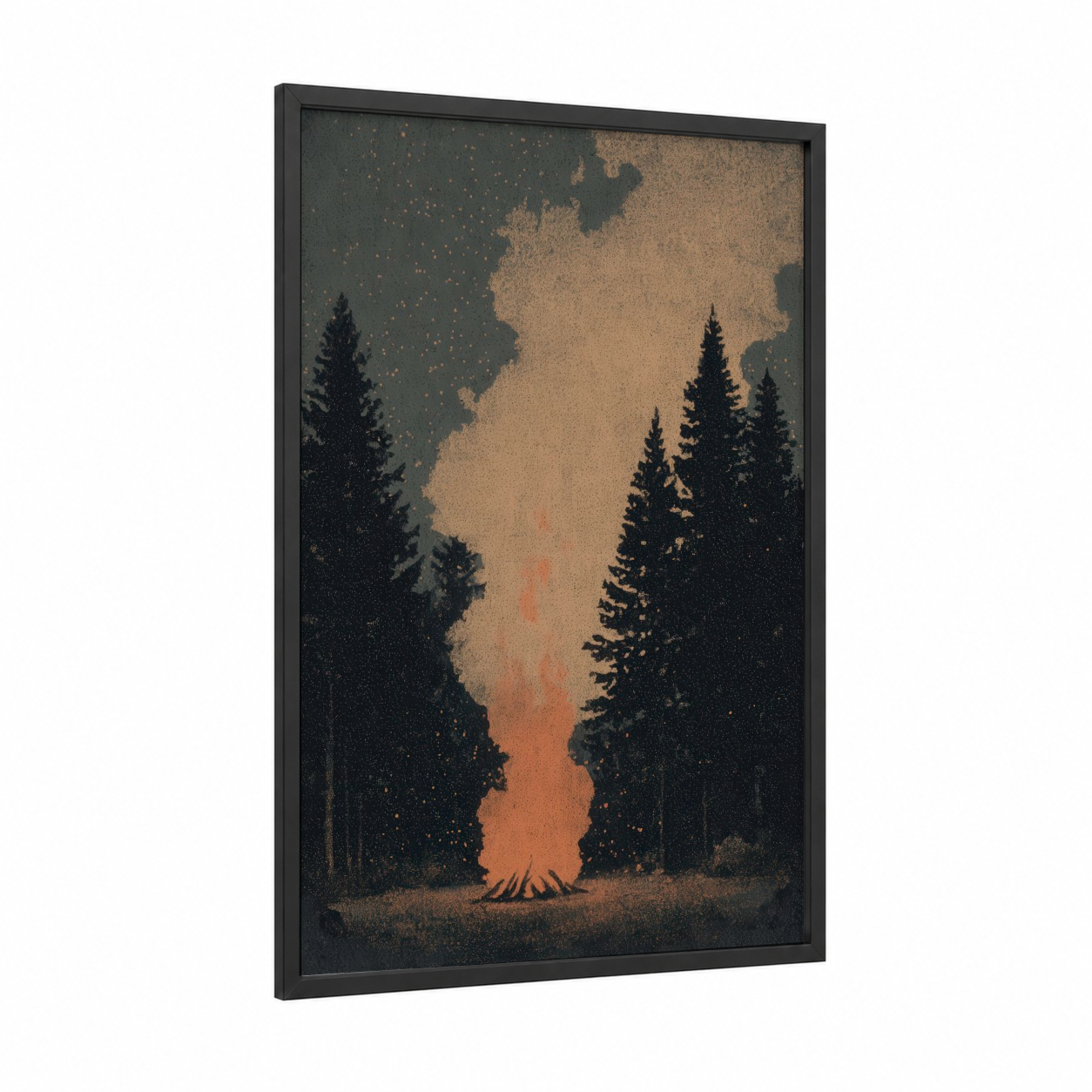 Starlit Campfire framed camping print — black wood frame — gold and black palette