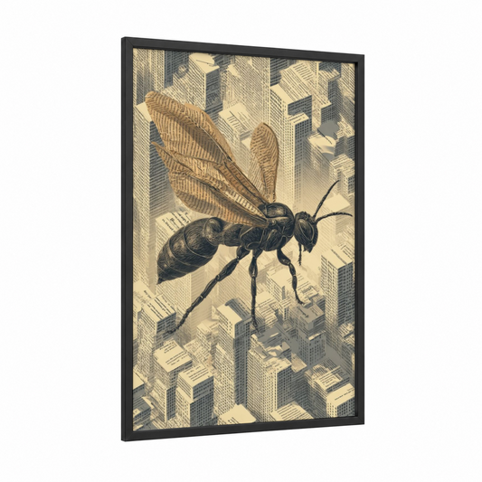 Urban Wasp framed art print — black wood frame — cream and gold palette