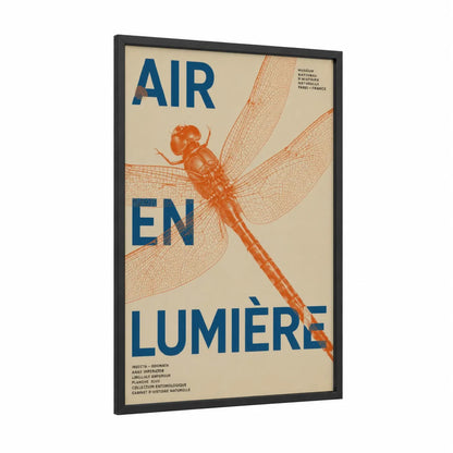 Vintage Dragonfly Museum Poster Wall Art framed art print — black wood frame — beige and orange palette