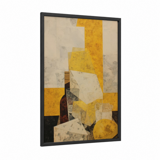 Golden Cheese Composition framed art print — black wood frame — yellow gold and cream palette