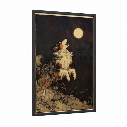 Moonlit Shepherd framed shepherd dogs and collies print — black wood frame — cream and black palette