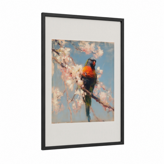 Blossom Lorikeet framed rainbow lorikeet print — black wood frame — blue and peach palette