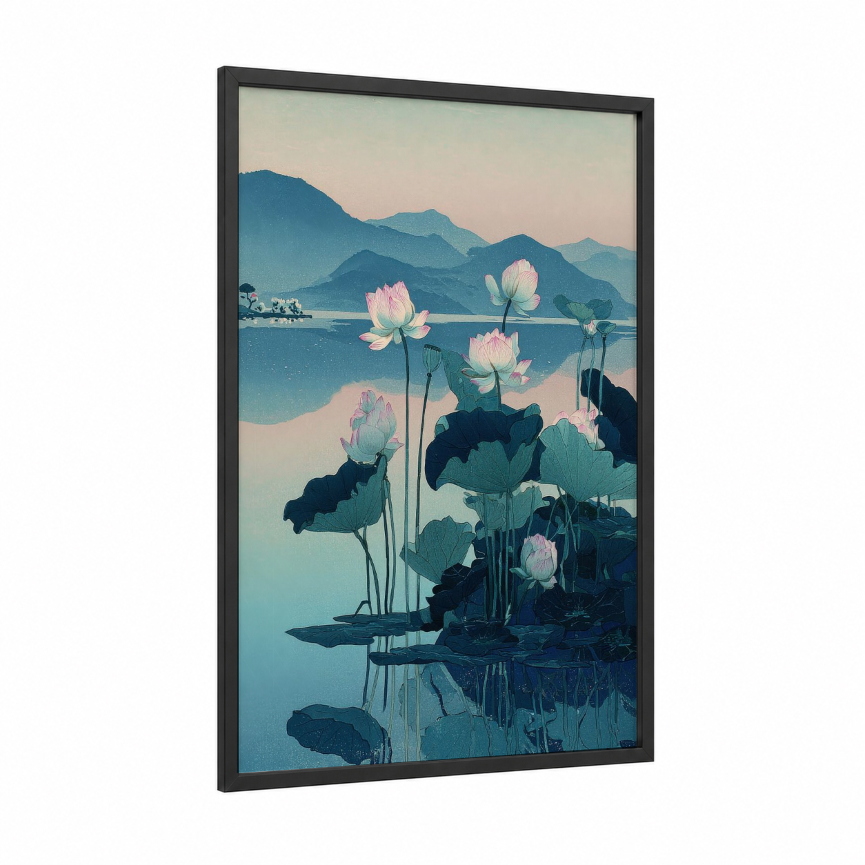 Lotus Mountain Reflection framed art print — black wood frame — blue and pink palette