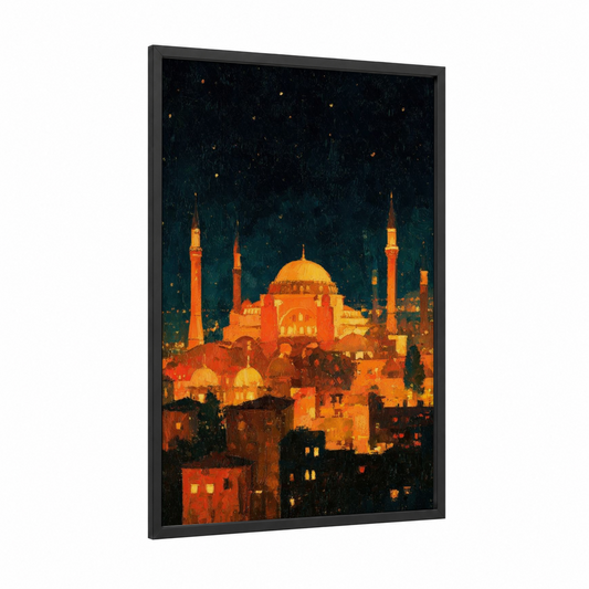 Istanbul Mosque Night framed art print — black wood frame — gold and dark blue palette