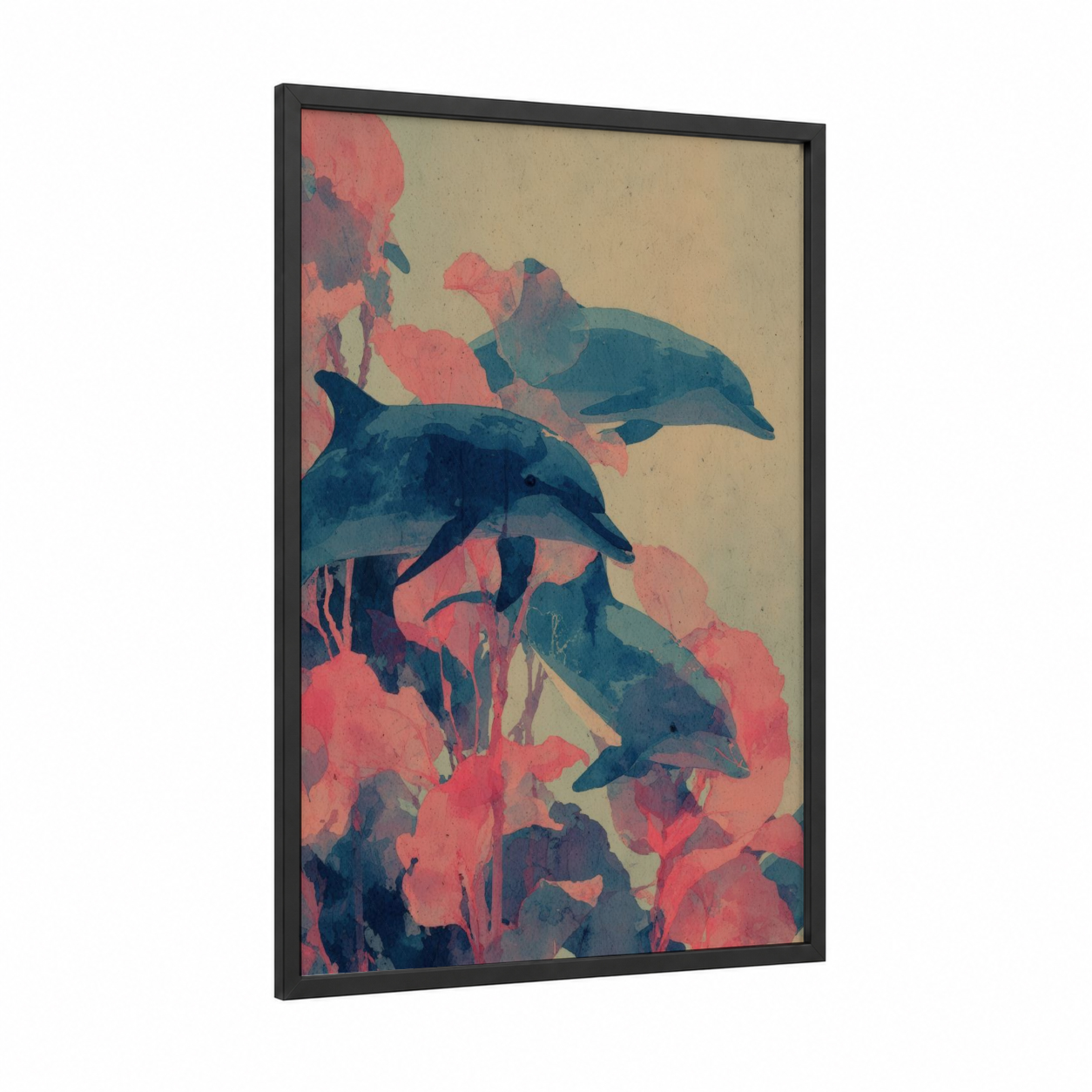 Coral Dolphins framed art print — black wood frame — dark blue and salmon pink palette