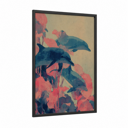 Coral Dolphins framed art print — black wood frame — dark blue and salmon pink palette