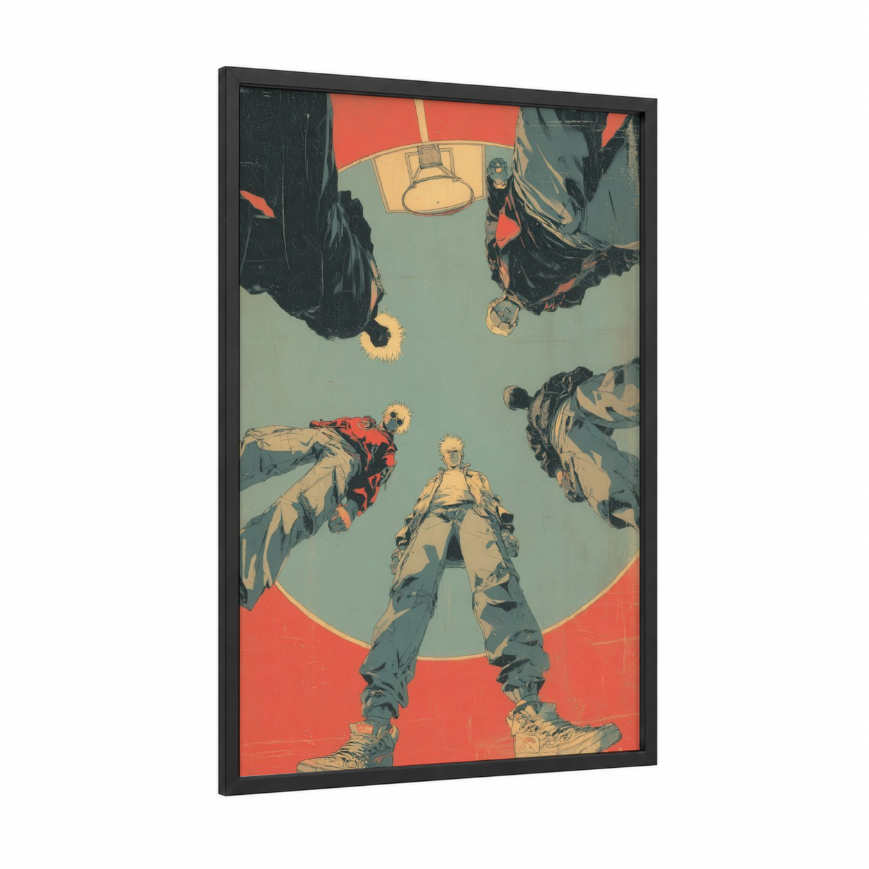 Urban Cypher framed street dance print — black wood frame — red and sage green palette