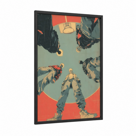 Urban Cypher framed street dance print — black wood frame — red and sage green palette