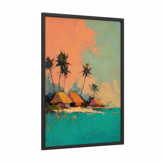 Tropical Village Sunset framed art print — black wood frame — orange and teal palette