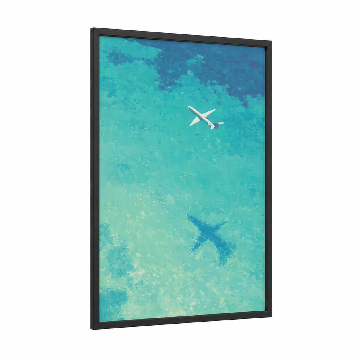 Coastal Getaway framed private jet print — black wood frame — turquoise and blue palette