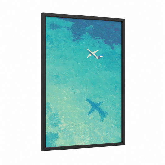 Coastal Getaway framed private jet print — black wood frame — turquoise and blue palette