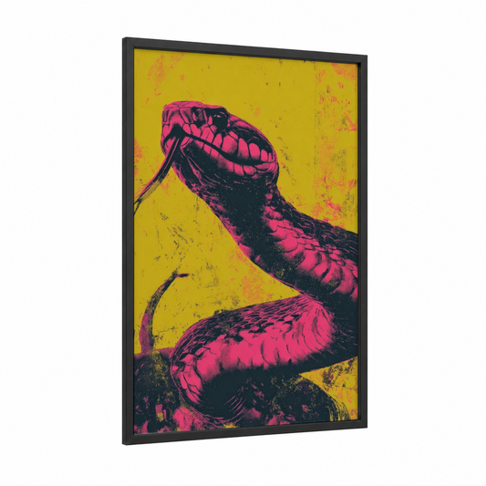 Neon Cobra framed art print — black wood frame — yellow and magenta palette