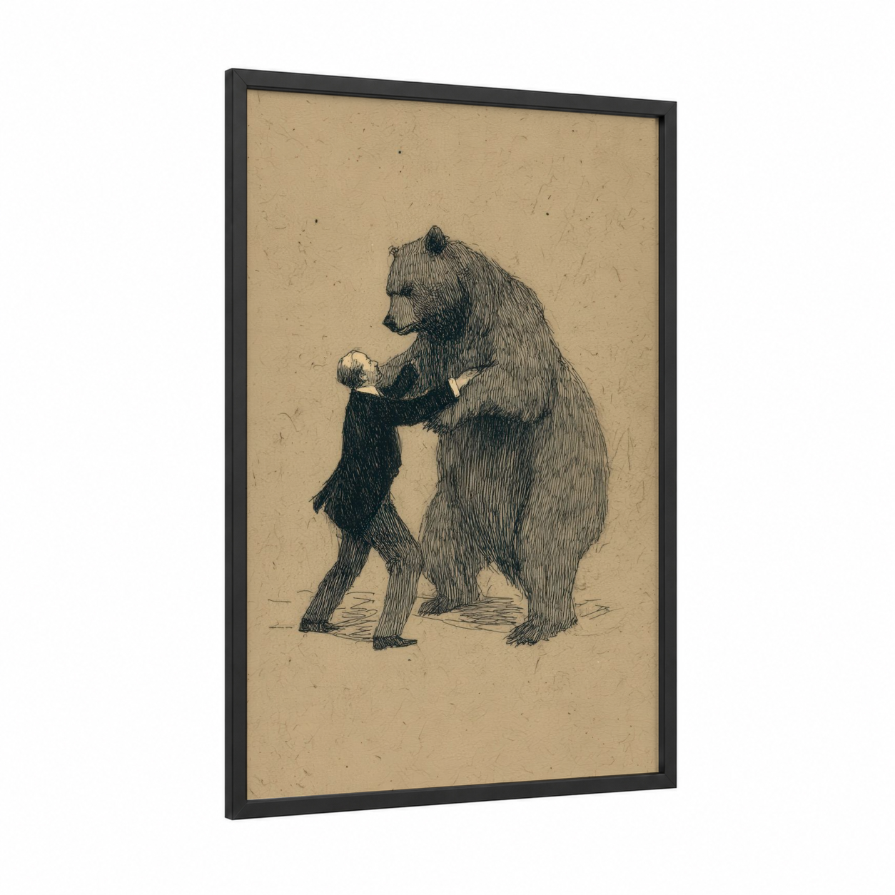 Bear Wrestling Match framed art print — black wood frame — black and white and beige palette