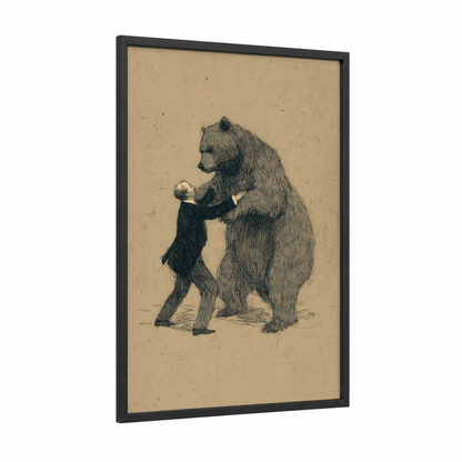 Bear Wrestling Match framed art print — black wood frame — black and white and beige palette