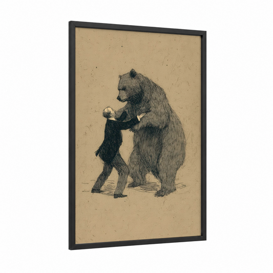 Bear Wrestling Match framed art print — black wood frame — black and white and beige palette