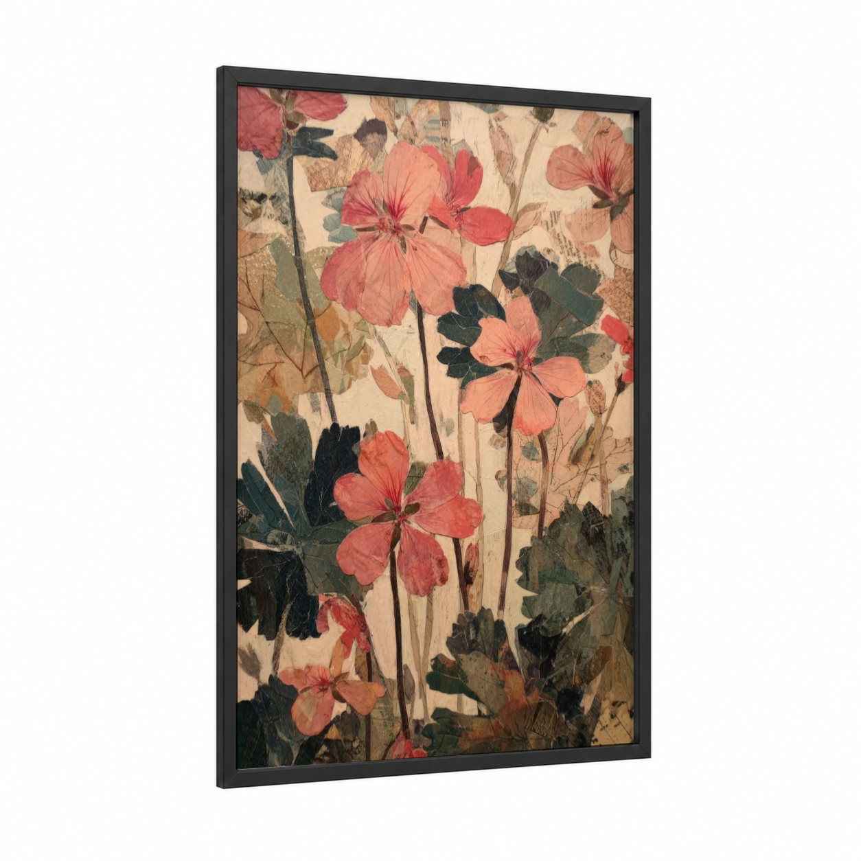 Coral Geranium framed art print — black wood frame — salmon pink and sage green palette
