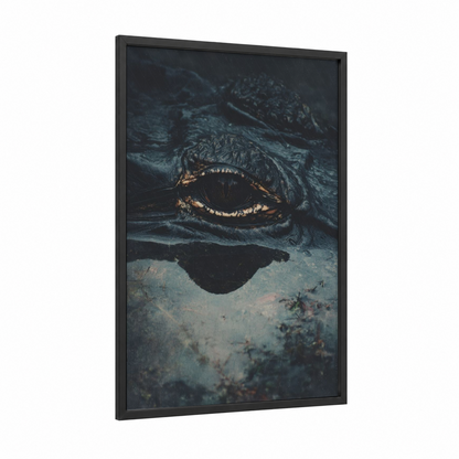 Predator's Gaze framed alligator print — black wood frame — black and dark blue palette
