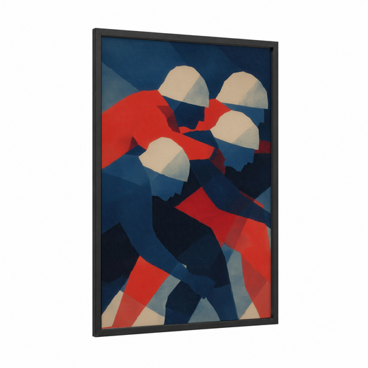 Competitive Rugby Huddle framed art print — black wood frame — red and dark blue palette