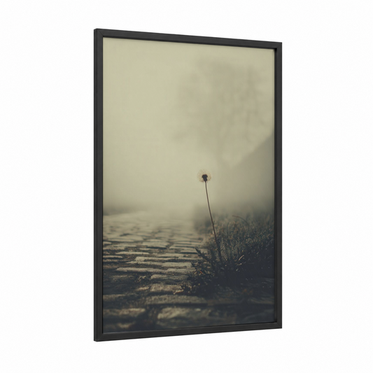 Solitary Dandelion framed art print — black wood frame — beige and gray and white palette