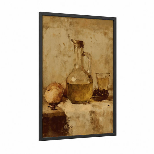 Tuscan Wine Still Life framed white wine print — black wood frame — gold and brown palette