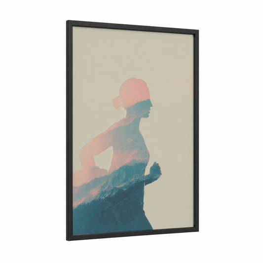 Mountain Runner framed running print — black wood frame — teal and peach palette