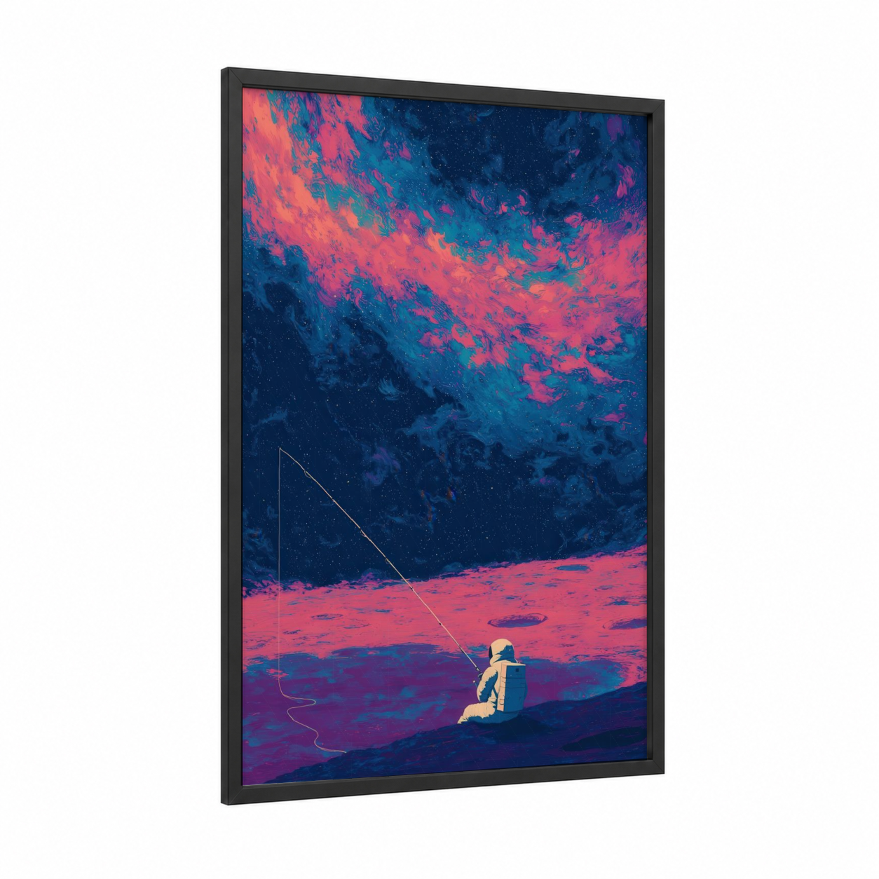 Cosmic Fishing Astronaut framed art print — black wood frame — magenta and dark blue palette