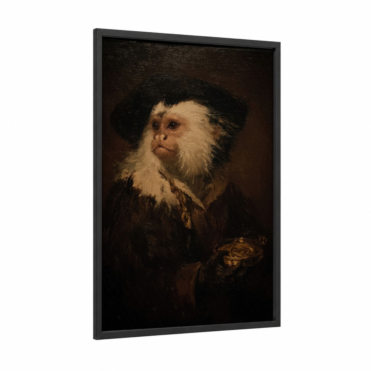 Contemplative Monkey framed art print — black wood frame — black and gold palette