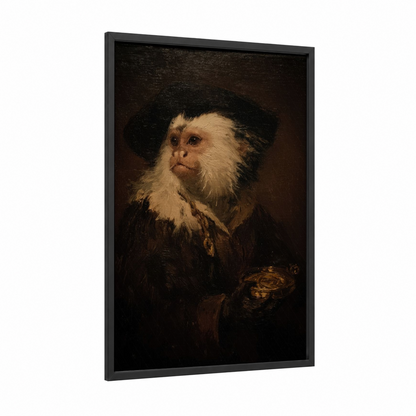 Contemplative Monkey framed art print — black wood frame — black and gold palette