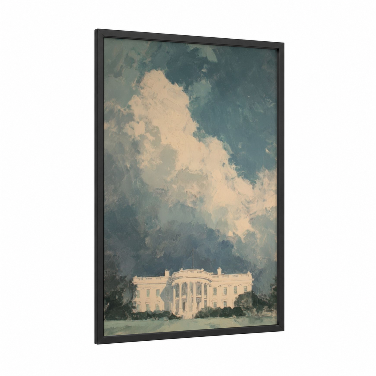 Stately White House framed art print — black wood frame — cream and dove gray palette