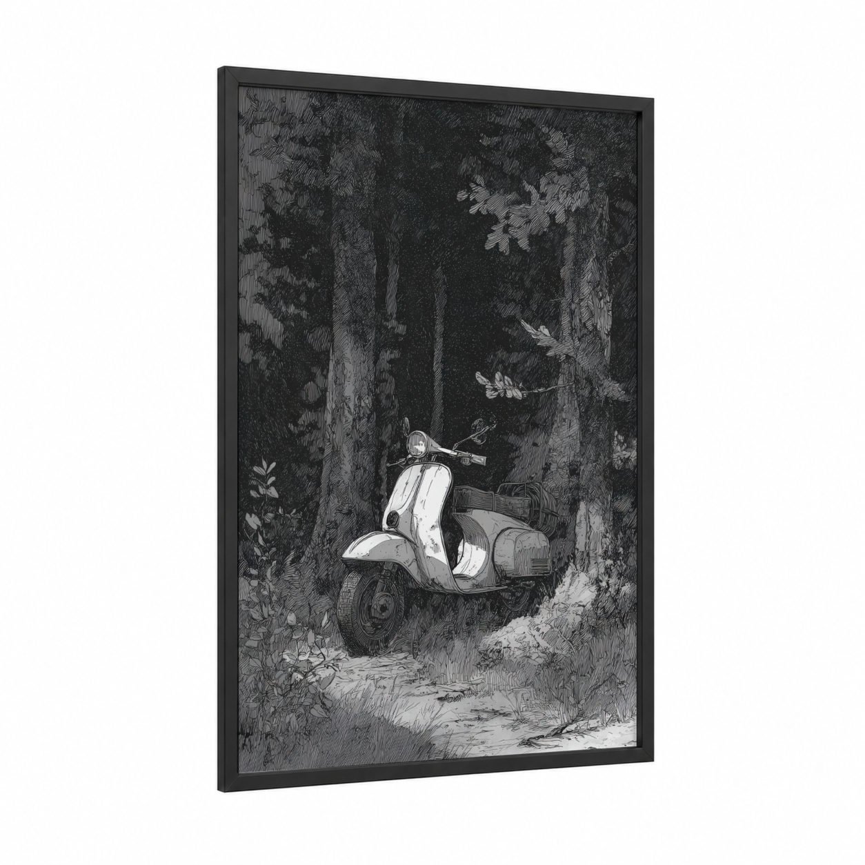 Forest Scooter framed art print — black wood frame — black and white and gray palette