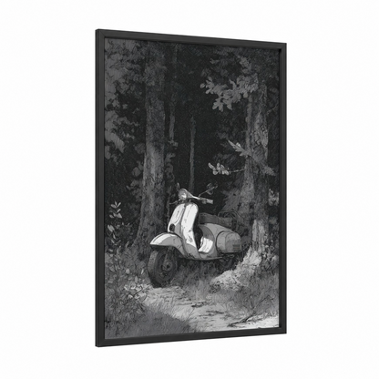 Forest Scooter framed art print — black wood frame — black and white and gray palette