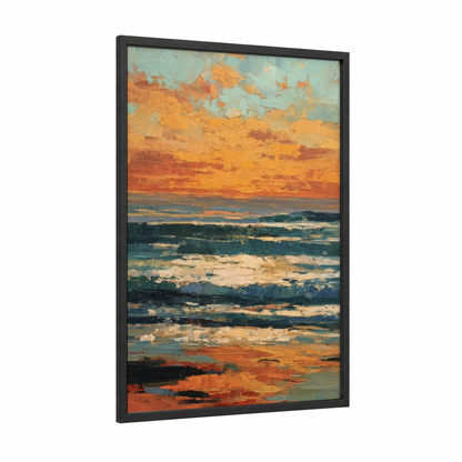 Golden Sunrise Waves framed art print — black wood frame — gold and teal palette