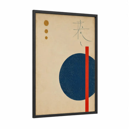 Japanese Geometric Abstract Wall Art framed abstract geometric print — black wood frame — blue and red palette