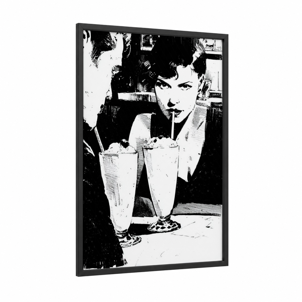 Vintage Milkshake framed art print — black wood frame — black and white palette