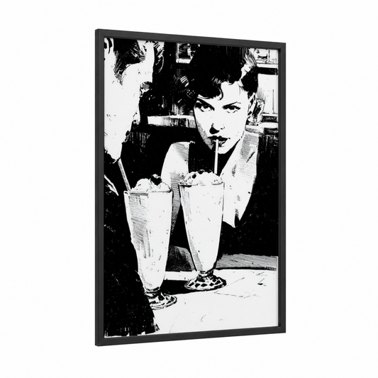 Vintage Milkshake framed art print — black wood frame — black and white palette