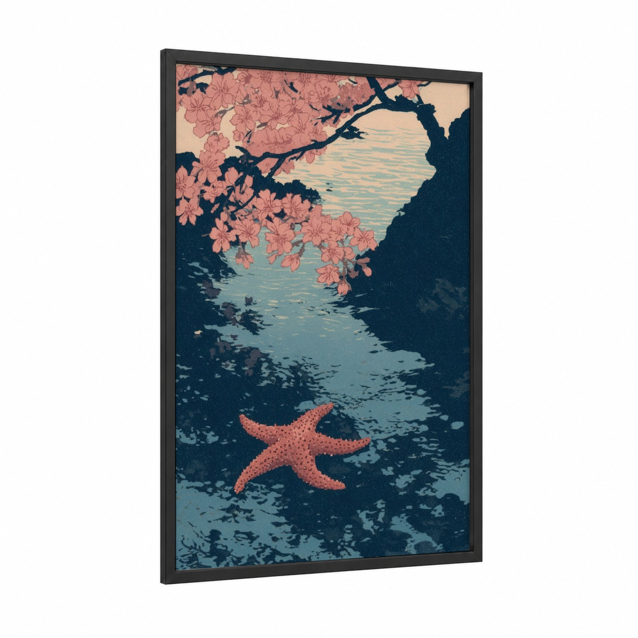 Coastal Starfish framed art print — black wood frame — salmon pink and teal palette