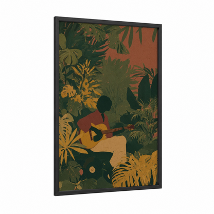 Reggae Guitarist framed art print — black wood frame — russet and dark green palette