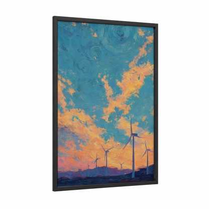 Twilight Wind Farm framed wind turbine print — black wood frame — blue and gold palette