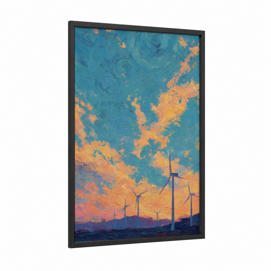 Twilight Wind Farm framed wind turbine print — black wood frame — blue and gold palette