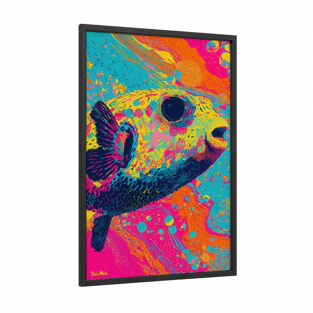 Neon Puffer Fish framed art print — black wood frame — magenta and blue palette