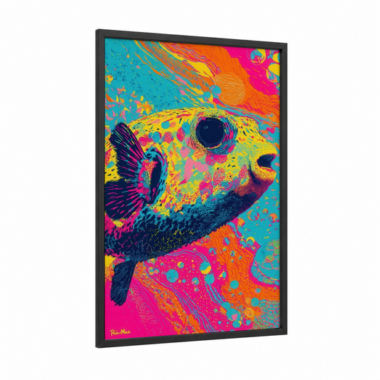 Neon Puffer Fish framed art print — black wood frame — magenta and blue palette