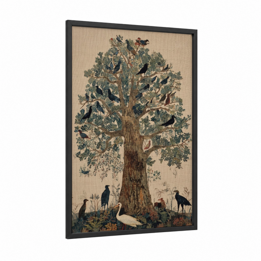 Baobab Birds framed baobab tree print — black wood frame — beige and true green palette
