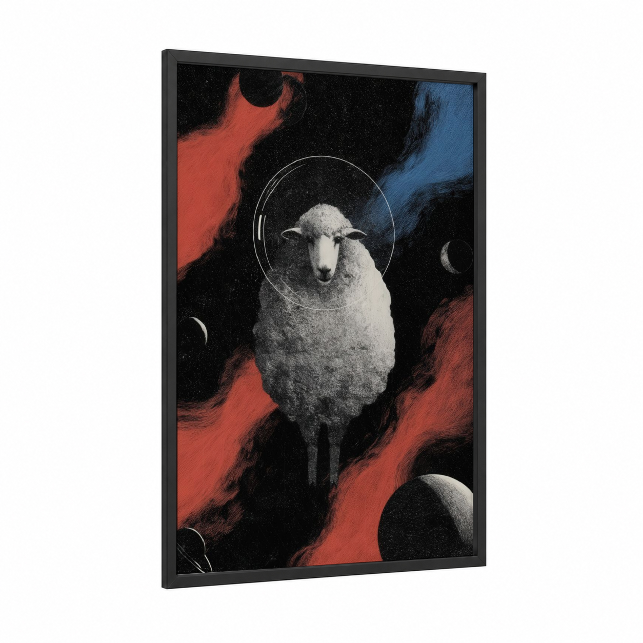 Celestial Sheep framed art print — black wood frame — black and red and blue palette