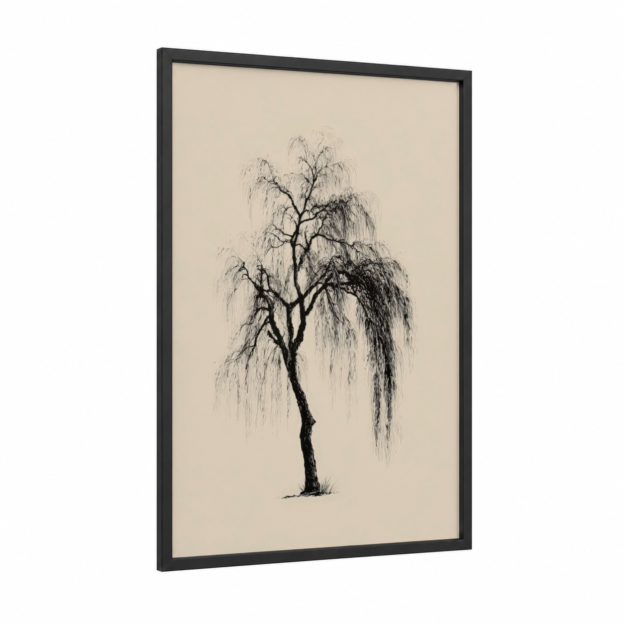 Weeping Willow framed willow tree print — black wood frame — black and white and cream palette
