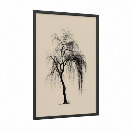 Weeping Willow framed willow tree print — black wood frame — black and white and cream palette