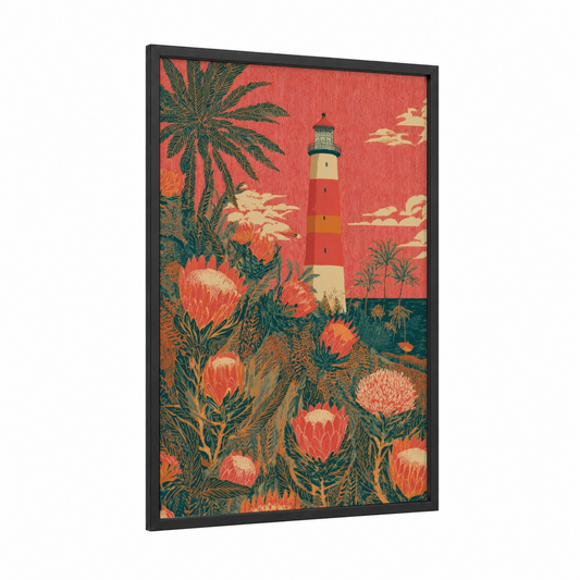 Tropical Lighthouse framed art print — black wood frame — red and teal palette
