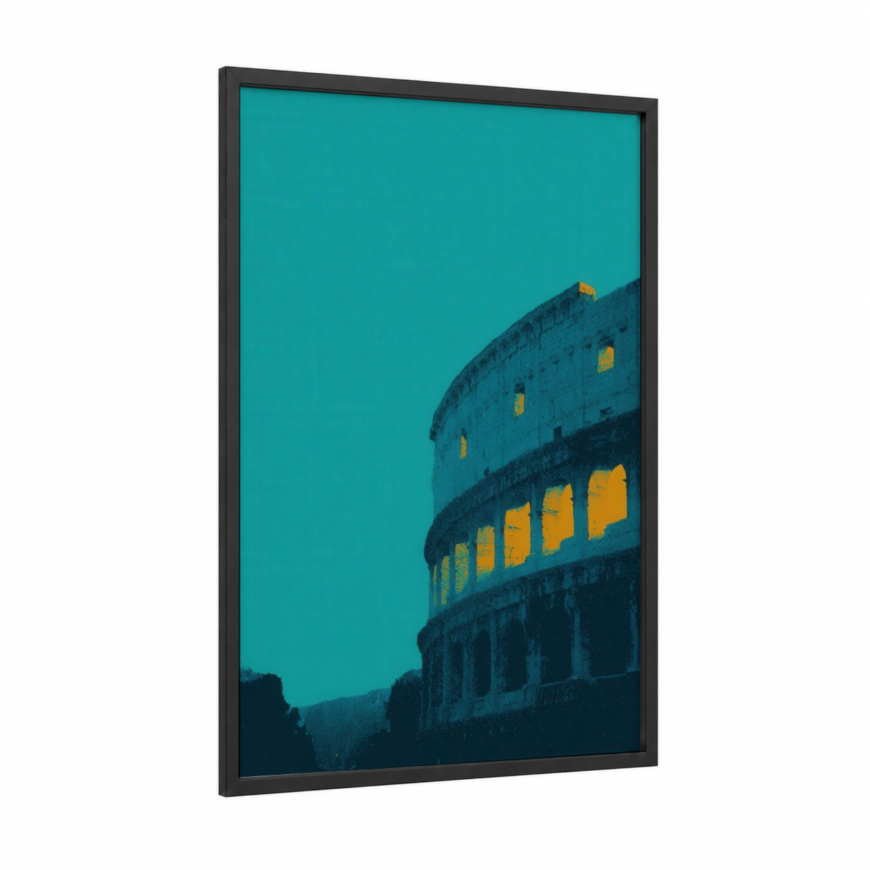 Illuminated Colosseum framed art print — black wood frame — turquoise and gold palette