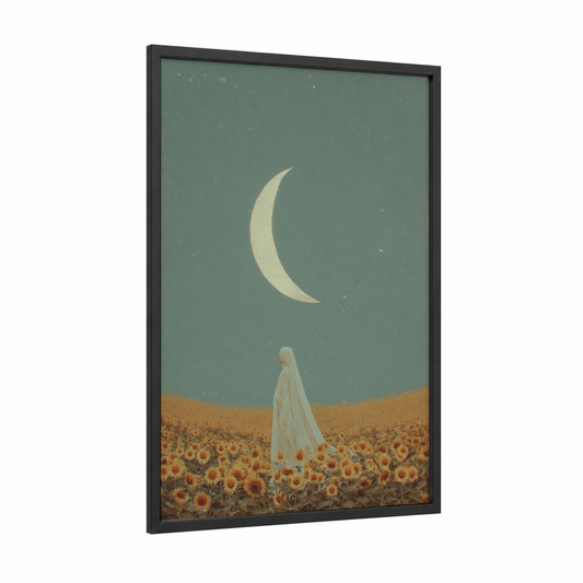 Virgo Moonlight framed art print — black wood frame — sage green and gold palette