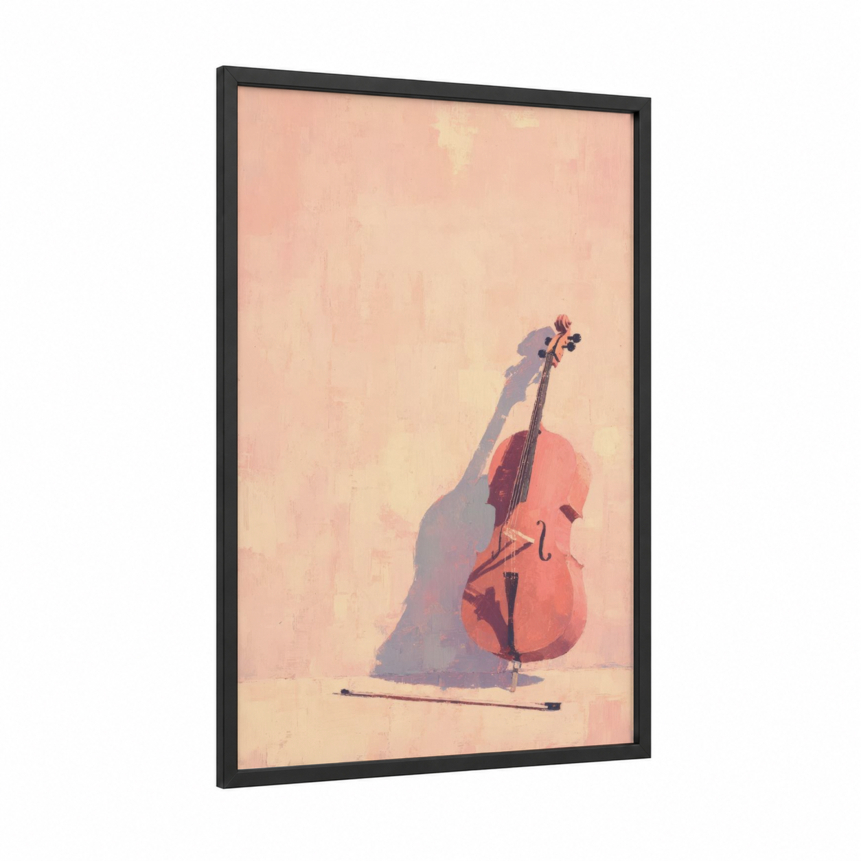 Crimson Cello framed art print — black wood frame — peach and rose gold palette